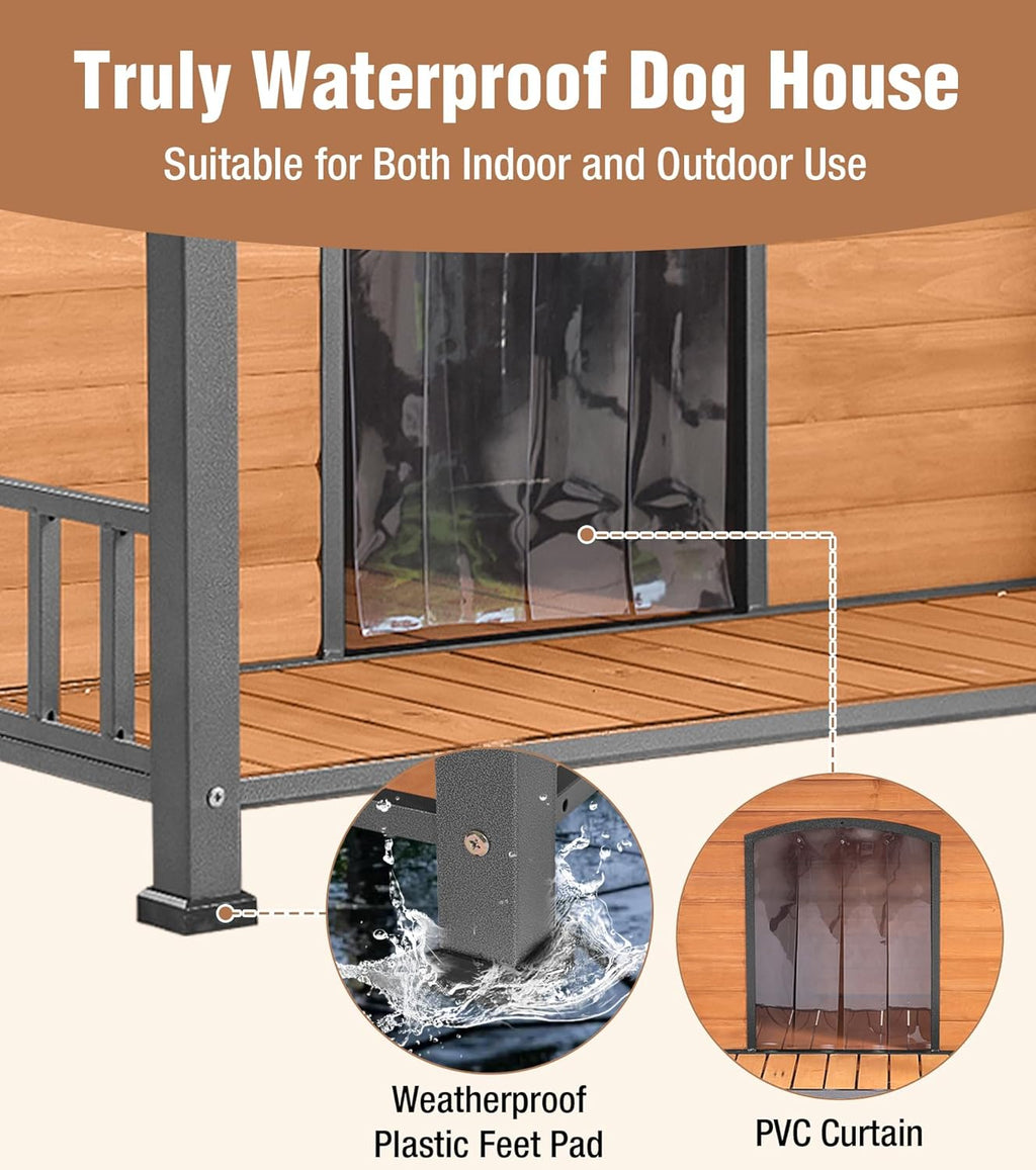 Extra Large Dog House Outdoor for Large Dogs, Insulated Dog House with Metal Frame, Waterproof Dog Shelter with Asphalt Roof, PVC Curtain & Multifunctional Patio, Indoor Outdoor Use
