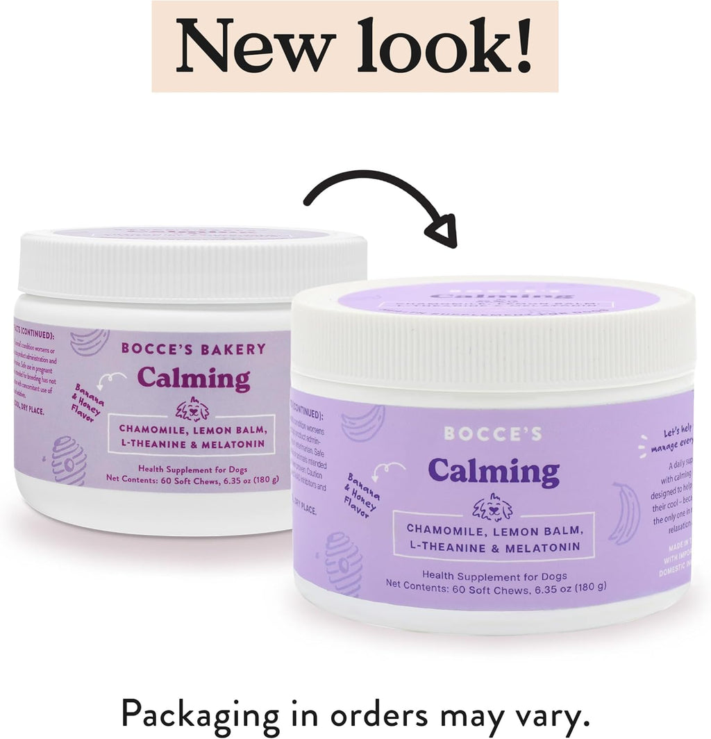 Bocce's Bakery Calming Supplement for Dogs, Daily Chews Made in The USA with Chamomile, Lemon Balm, L-Theanine & Melatonin, Supports Stress, Peanut Butter & Honey, 60 ct