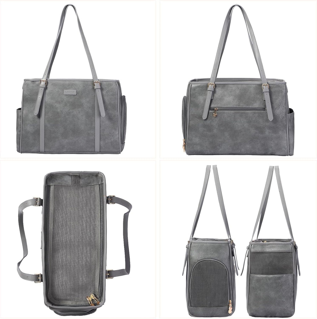 Fashion Dog Purse Pet Carrier Leather Bag for Small Dogs Cats Puppy, Portable Tote Bag Airline Approved Soft-Sided Carriers (Grey)
