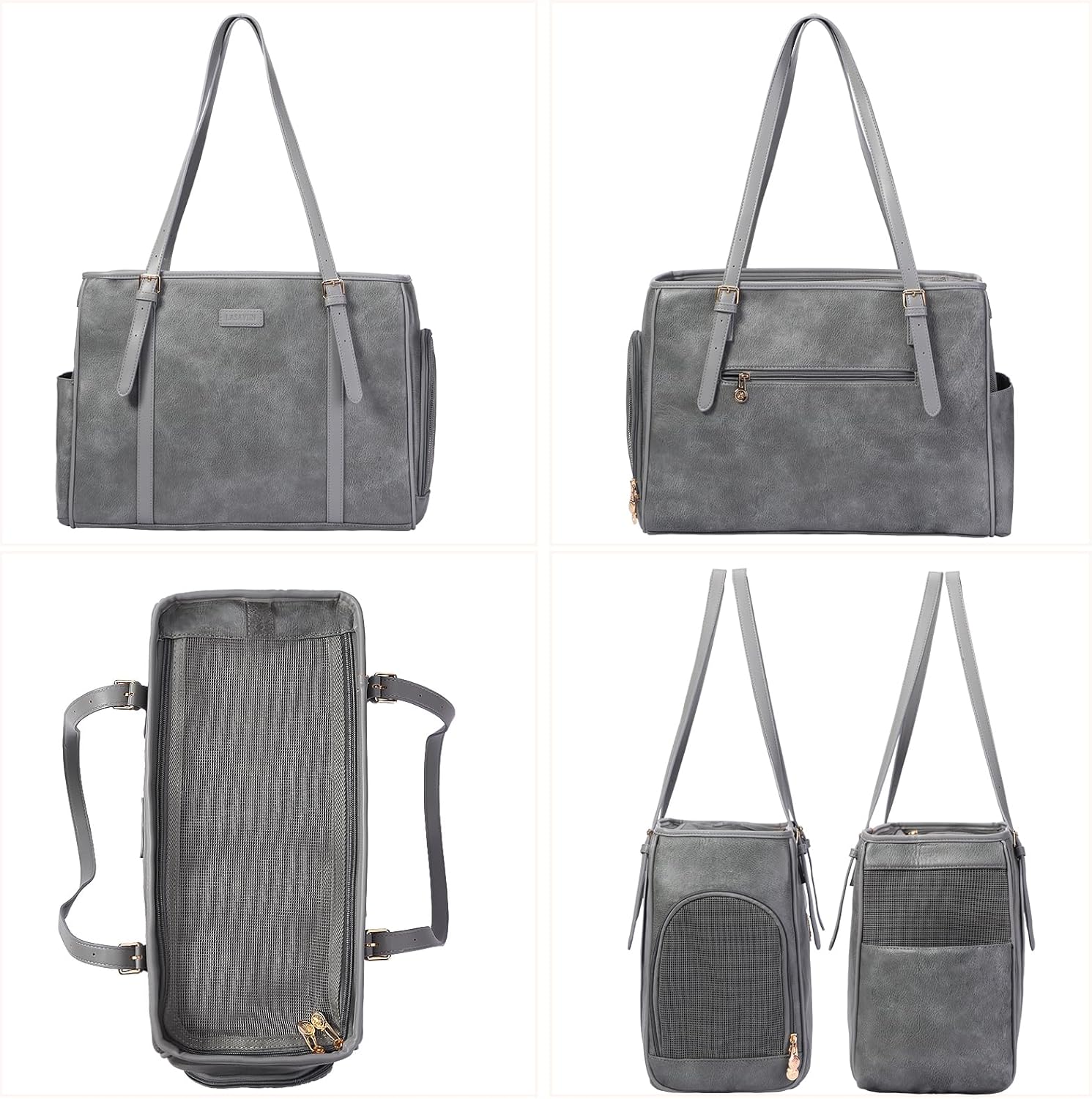 Fashion Dog Purse Pet Carrier Leather Bag for Small Dogs Cats Puppy, Portable Tote Bag Airline Approved Soft-Sided Carriers (Grey)
