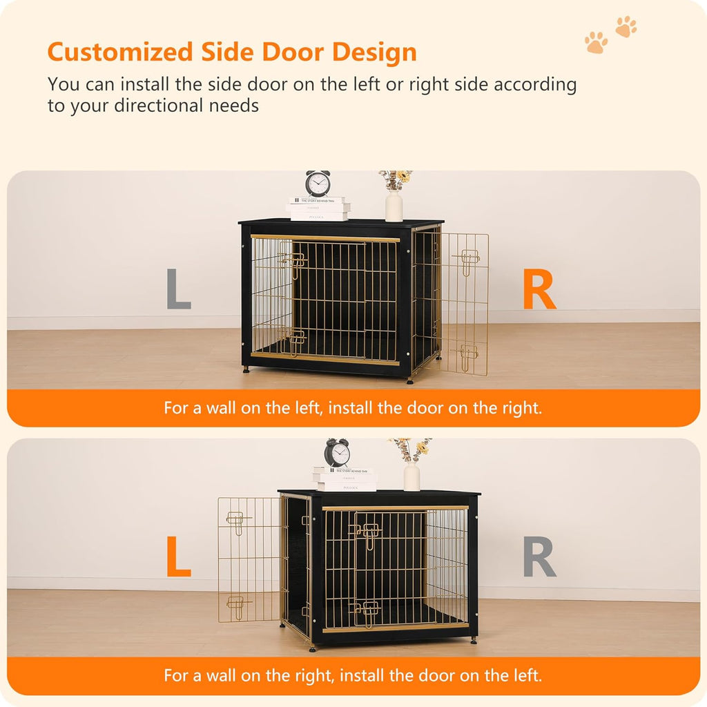 DWANTON Dog Crate Furniture with Cushion, Wooden Kennel Table with Double Doors, Indoor Dog House, Medium Size, 32.5" L, Black+Gold