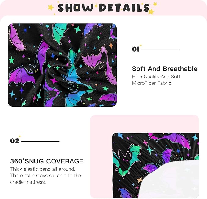 Halloween Bats Stars Crib Sheets Soft Breathable Fitted Baby Playard Sheets Mattress Cover for Girl Boys, 39" x 27" x 5"