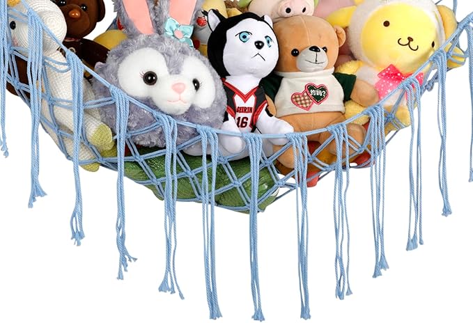 Stuffed Animal Hammock Corner, Hand-knitted Large Plushie Net Toy Hammock with Wooden Rings | Boho Cute Stuff Animal Storage for Nursery & Bedroom | Mesh Kids Toy Organizer Holder Nursery Room Decor