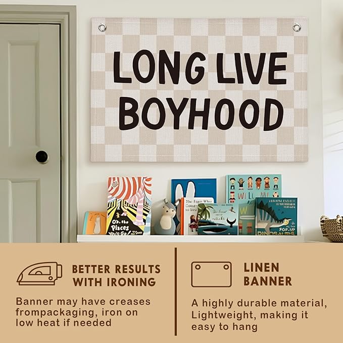 Lacama Long Live Boyhood Boys Room Decor, Boy Nursery Decor, Canvas Banner Wall Hanging Banner Flag Decor for Nursery Playroom Toddler Room, Boys Kids Rooms Decor 30x20 Inch