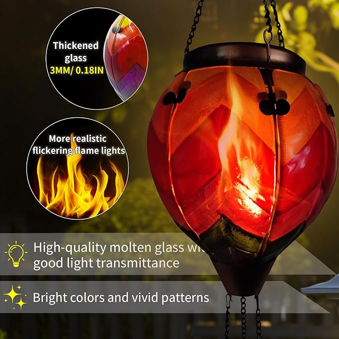 Glass Solar Hot Air Balloon Lantern with Flame Hanging Garden Flickering Light Outdoor Waterproof for Yard Patio Tree Mother's Day Gift, Wavy-Colorful