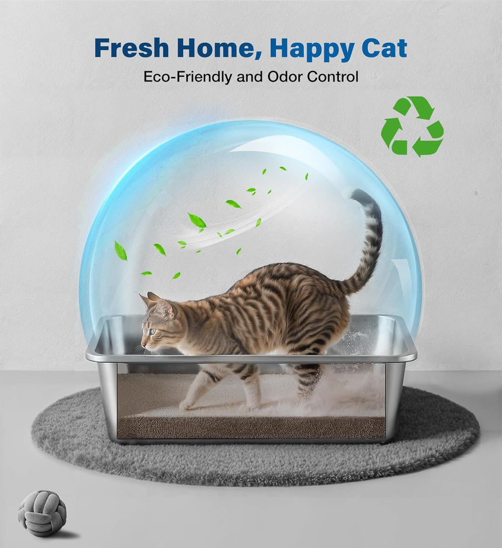 Stainless Steel Litter Box, Large Metal Cat Litter Box with High Sided for Big and Small Cats, Non-Stick, Easy to Clean, Odor-Free, 23.4" L×15.6" W×7.8" H, Leaf Green