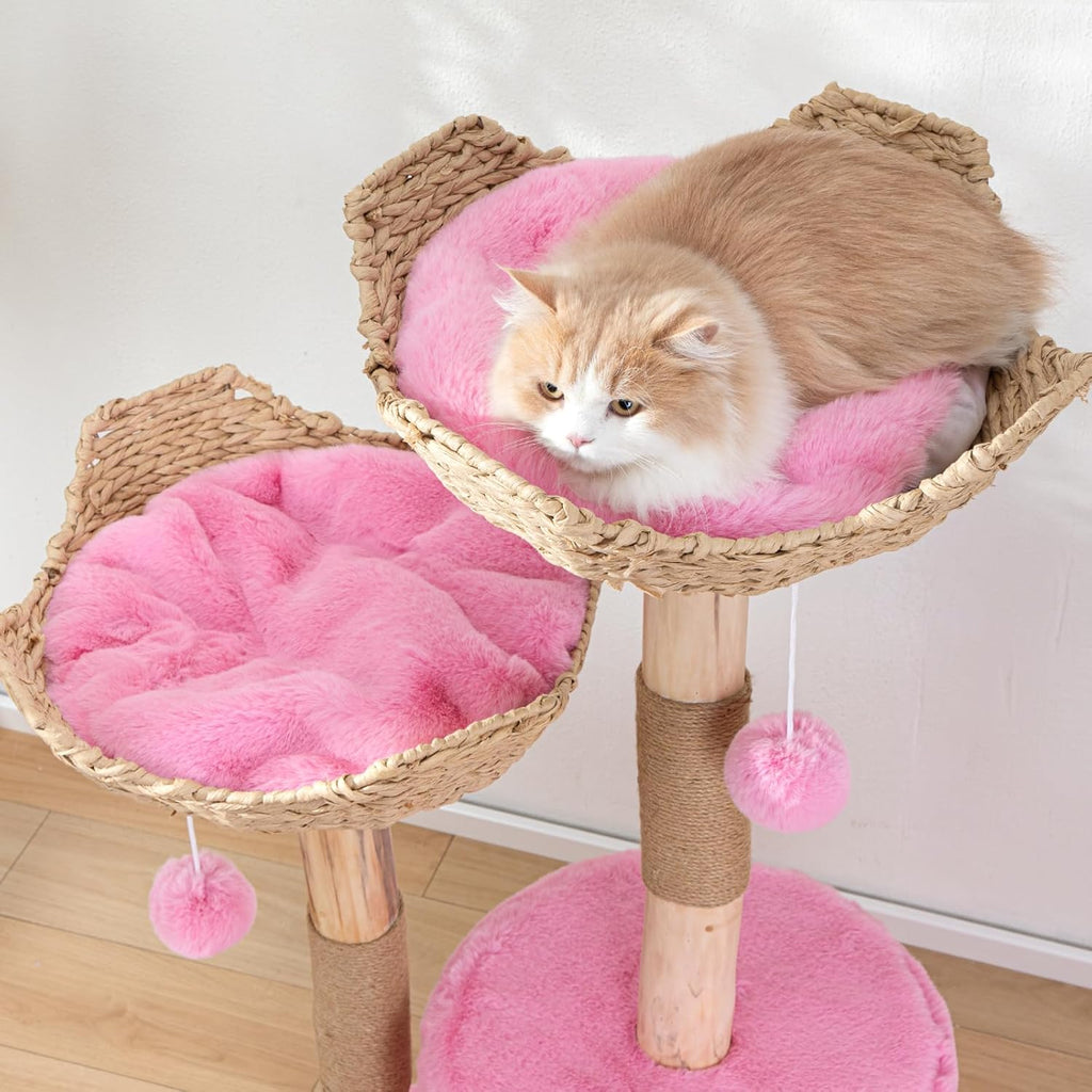 Modern Cat Tree for Indoor Cats, Large Adult 46" Tall, Wooden Cat Tower with Scratching Post, Luxury Cat Condo, Pink