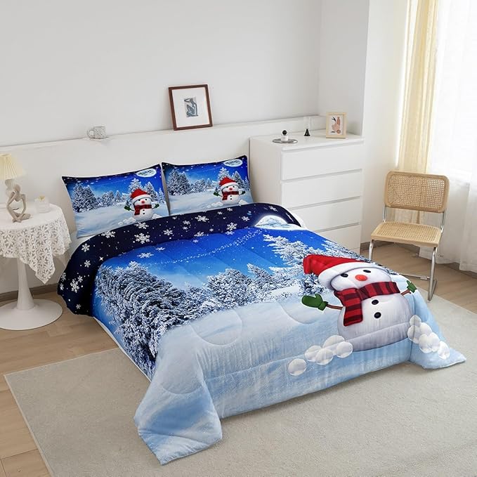 Feelyou Christmas Twin Size Comforter Set Snowman Decorations Bedding Set for Kids Boys Girls Xmas Winter Decor Blue Quilt Room 2Pcs