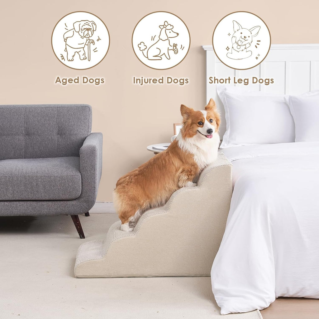 EHEYCIGA Curved Dog Stairs Ramp for High Beds, 5-Step Extra Wide Dog Steps for Small Dogs and Cats, Pet Stairs for High Bed Climbing, Non-Slip Balanced Pet Step Indoor, Beige