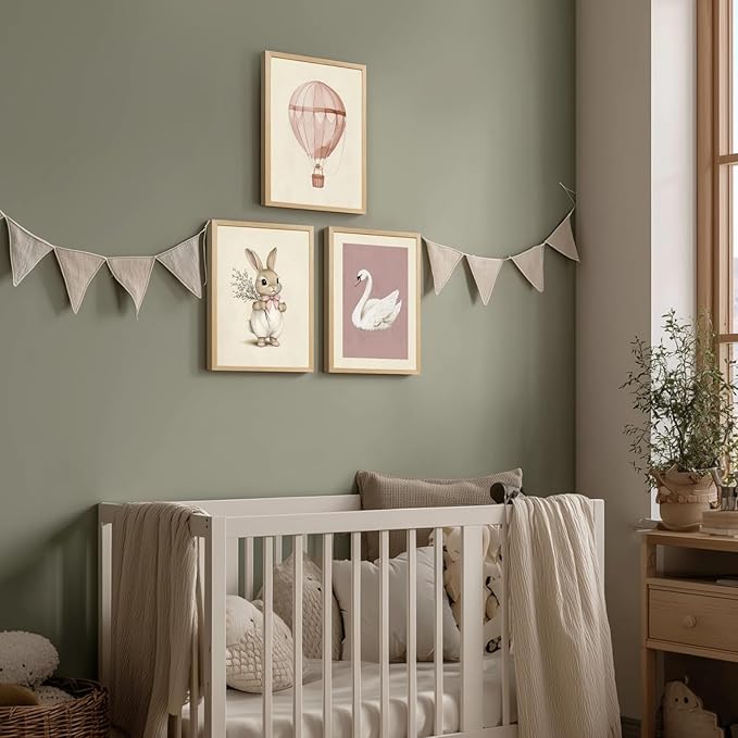 kilamino Pink Baby Girl Nursery Wall Art, Neutral Cute Rabbit and Swan Wall Decor, Vintage Hot Air Balloon Poster Prints, Pastel Bunny Animals Canvas Paintings for Baby Room Wood Framed 12"x16"x3