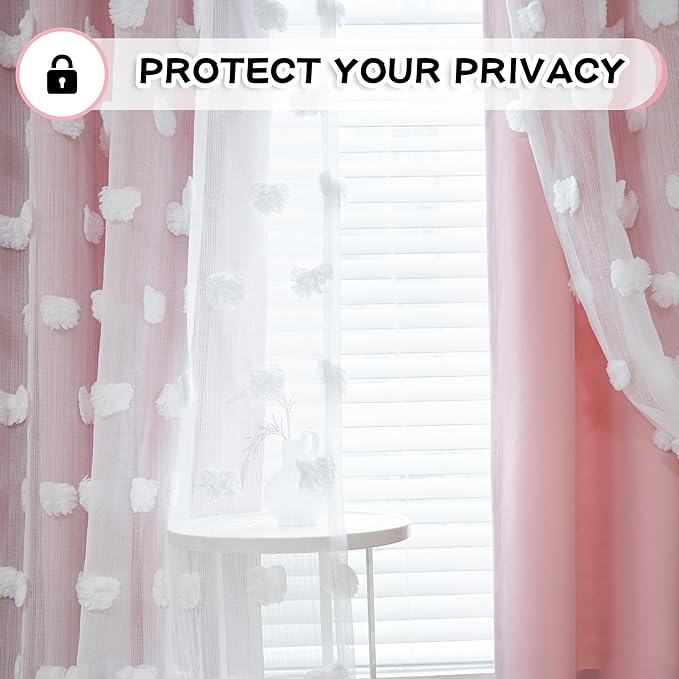 MYSKY HOME Pink Curtains for Bedroom 72 Inches Long Nursery Curtains Pom Pom White Sheer Curtains for Girls Room Double Layer for Toddler Bedroom Grommet Room Darkening Window Panels 52 x 72 Inch