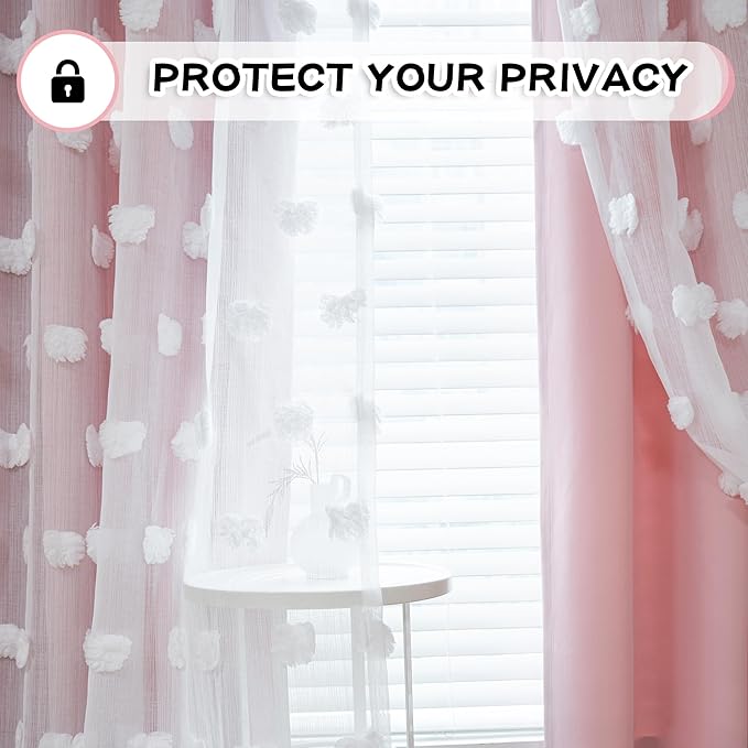MYSKY HOME Light Blocking Pink Curtains for Living Room White Sheer Pom Pom Kids Room Decor Drapes 102 Inches Long Double Layer Curtain for Sliding Door Grommet Window Panels Set of 2 52" x 102"