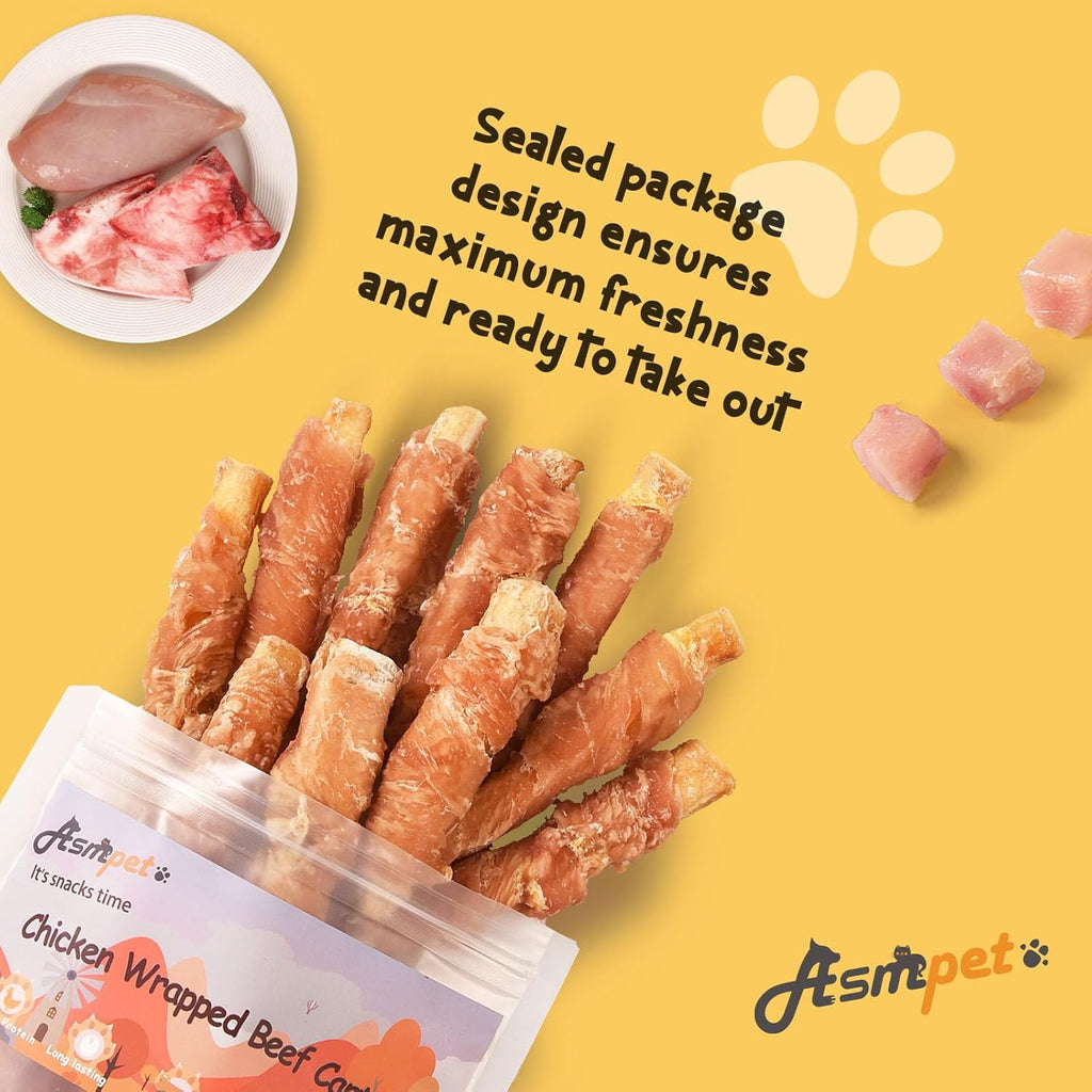 ASMPET Dog Treats Chews, Chicken Wrapped Beef Cartilage, Rawhide Free & Grain Free Dog Snacks 10.6 oz