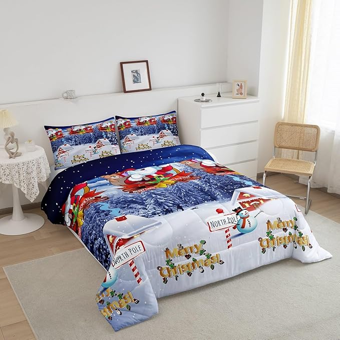 Feelyou Kids Christmas Bedding Set Xmas Santa Claus King Size Comforter Set for Boys Girls Merry Christmas Warmth Comforter Galaxy Blue Decor Quilt Collection 3Pcs