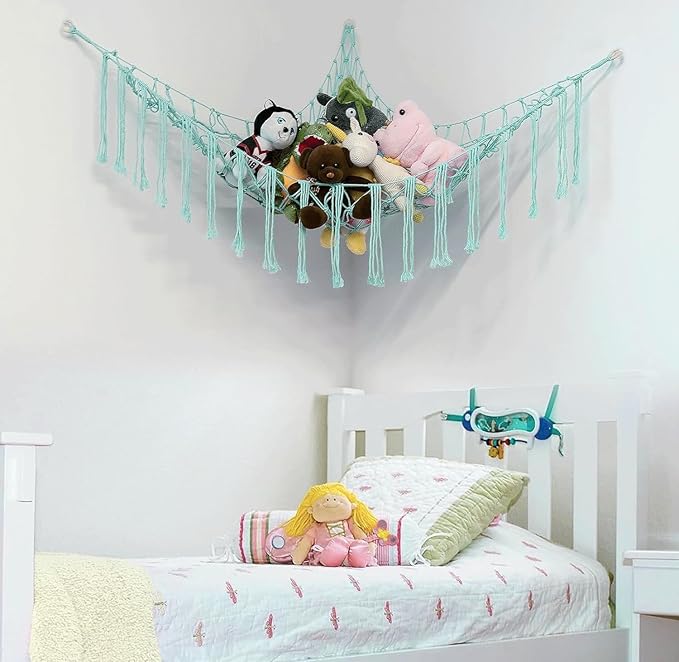 Stuffed Animal Hammock Corner, Hand-knitted Large Plushie Net Toy Hammock with Wooden Rings | Boho Cute Stuff Animal Storage for Nursery & Bedroom | Mesh Kids Toy Organizer Holder Nursery Room Decor
