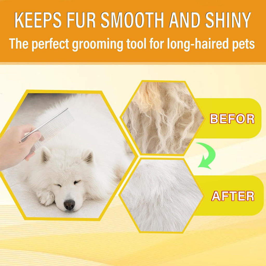 Dog Comb and Cat Combs Stainless Steel Teeth, Grooming Tool for Long & Short Hair, Dematting Comb for Dogs, Removes Tangles & Knots (Small Silver)