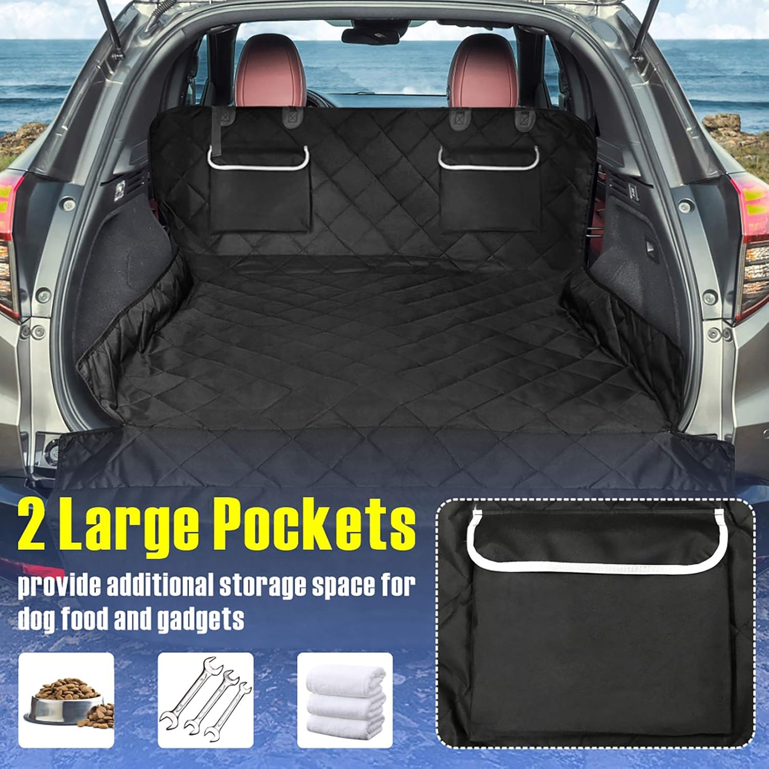 F-color SUV Cargo Liner for Dogs, Waterproof Pet Cargo Cover Dog Seat Cover Mat for SUVs Sedans Vans with 2 Large Pockets, Non-Slip, Large Size Universal Fit, Black