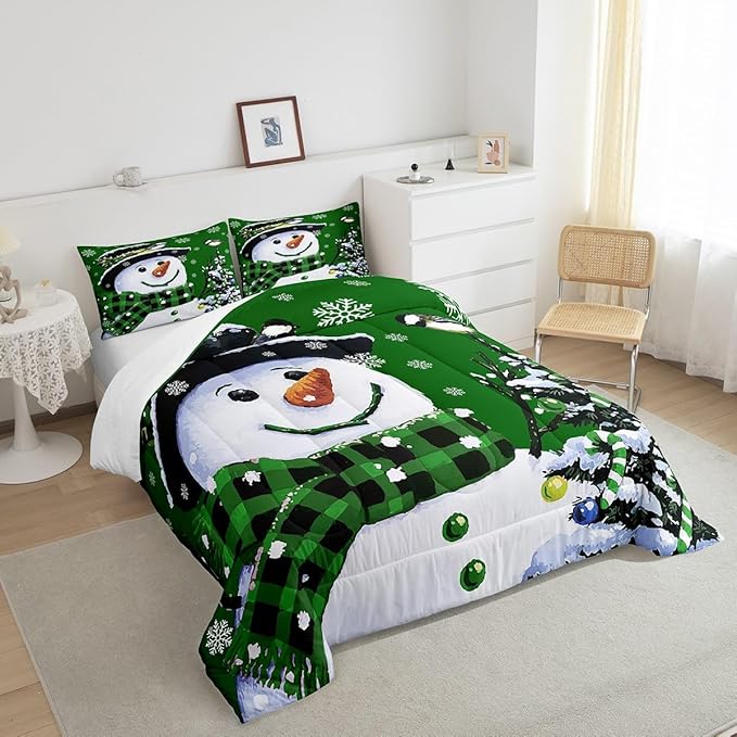 Feelyou Kids Christmas Theme Decorations Bedding Set Xmas Snowman Comforter Set for Boys Girls Snowflake Kawaii Cute Comforter Green Quilt Set Bedroom Collection King Size