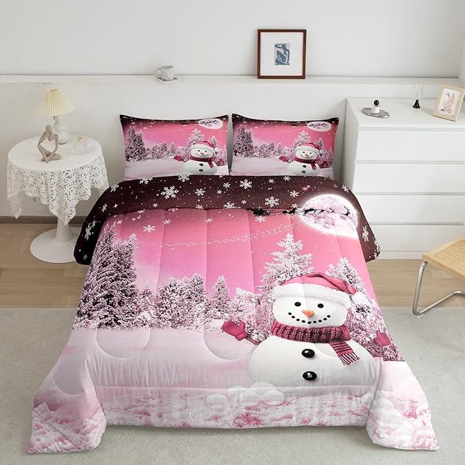 Feelyou Kids Merry Christmas Decorations King Size Comforter Set Xmas Snowman Bedding Set Girly Pink Quilt Set Soft Warm Lightweight Duvet Set