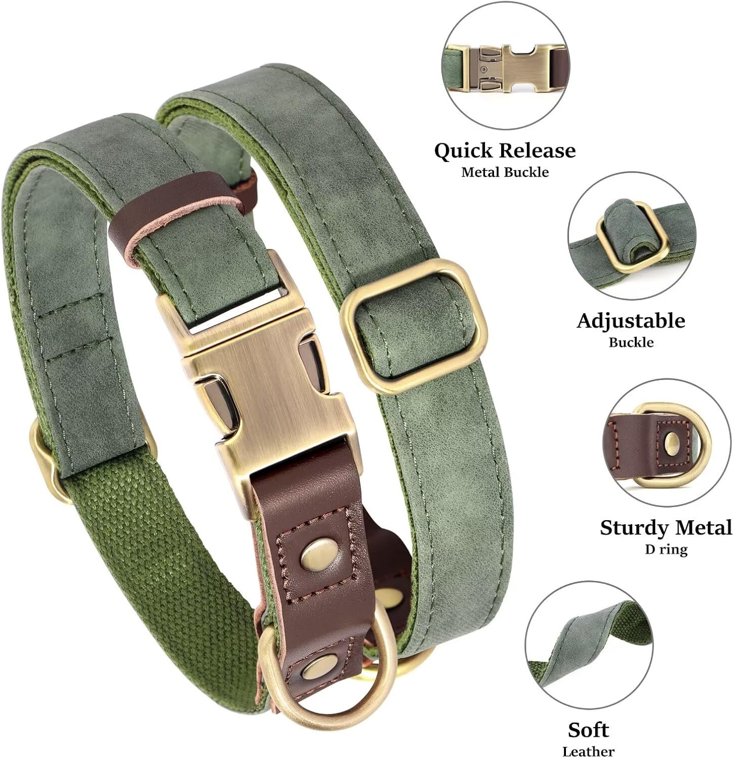 Didog Soft PU Leather Dog Collars for Medium Dogs,Classic Adjustable Dog Collars with Quick Release Metal Buckle,Easy Clean and Comfortable with Nylon Lining,Green,M Neck 13-19"