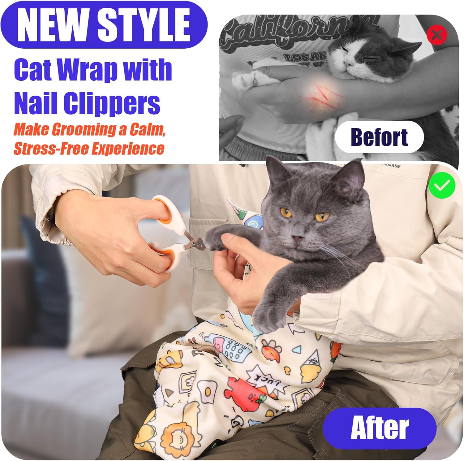 XANGNIER Cat Grooming Wrap with Cat Nail Clippers -Self-Adhesive Cat Swaddle for Nail Clipping, Anti-Scratch & Anti-Escape Cat Restraint for Calm, Safe & Easy Nail Trimming