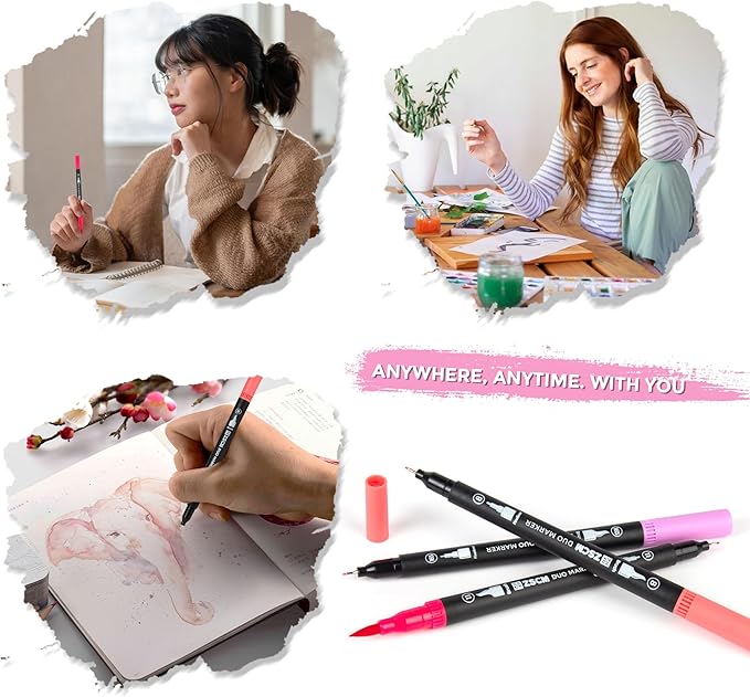 Pink Duo Tip Marker Pens, 12 Pack Fine & Brush Markers for Adult Coloring Books No Bleeding, Blushing Pink Markers for Romantic Illustrations, Floral Designs, Cute Doodling and Lettering