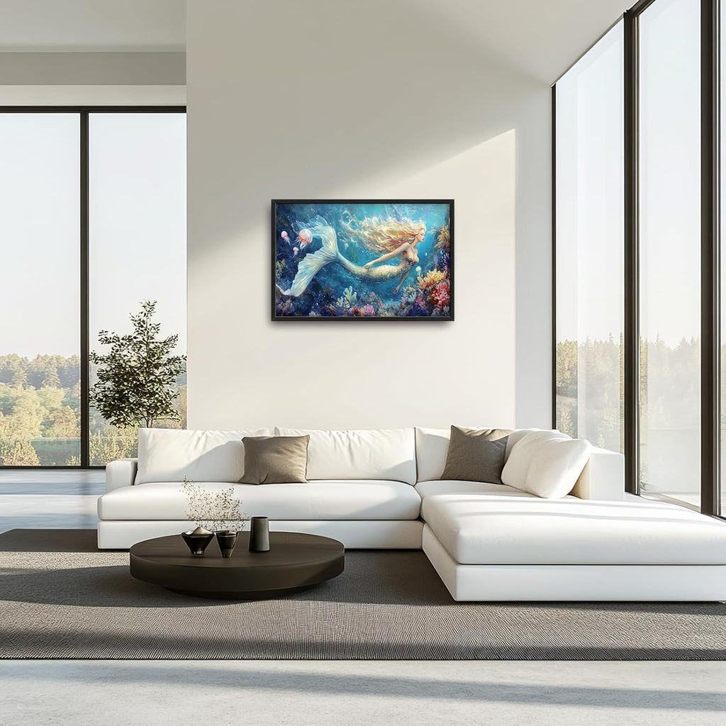 Extra Large Framed Mermaid Wall Art,Oversized Undersea Ocean Wall Decor,Colorful Coral Reefs Pictures for Living Room,Elegant Canvas Print Painting Modern Artwork Bedroom Bathroom 36L x 24W