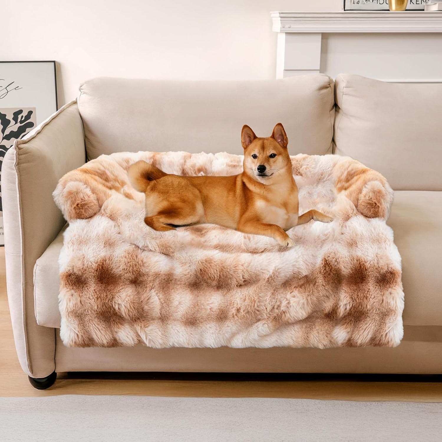 FUNNY FUZZY Pet Fluffy Fuzzy Couch Cover, Calming Washable Dog Bed Sofa Protector Pets Mat for Small Medium Dogs and Cats (Tie-dye Brown,33.45 × 28.35 × 5.51 in)