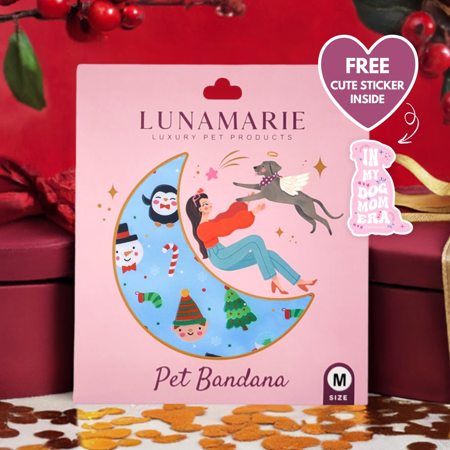 LunaMarie - Luxury Pet Birthday Bandanas -Premium & Silky Poly Fabric | 100% Handmade | Custom Shape Dual Layered (Santa's North Pole, Medium)