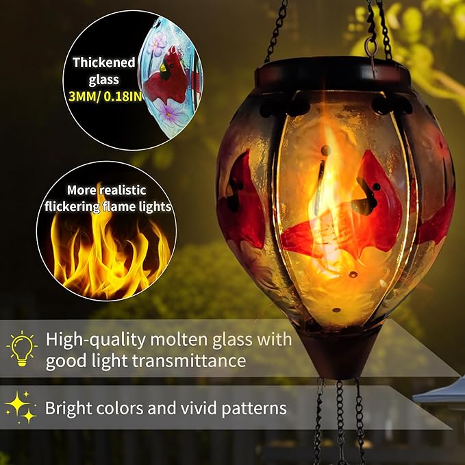 Glass Solar Hot Air Balloon Lantern with Flame Hanging Garden Flickering Light Outdoor Waterproof for Yard Patio Tree Mother's Day Gift, Cardinal