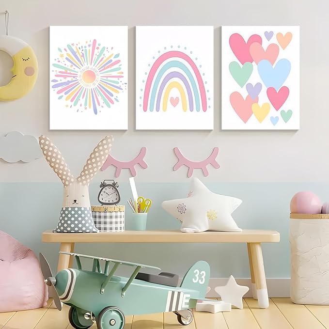 Dytial 3 Piece Toddler Girl Room Decor, Rainbow Wall Decor for Girls Bedroom, Colorful Boho Sunshine Paintings for Nursery Decor, Kids Room Wall Decor, Classroom Decoration 12x16 Inch