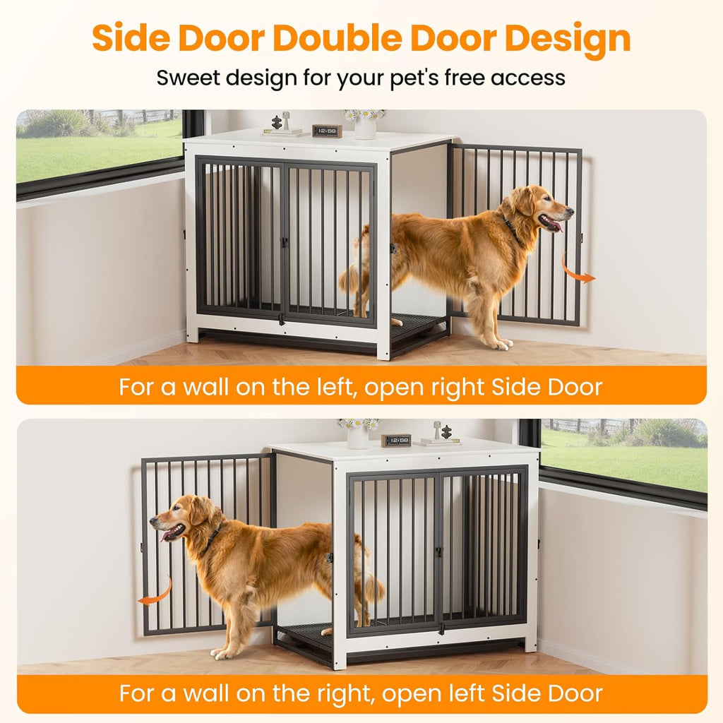Dog Crate Furniture, Large Dog Crate Furniture, Wooden Cage Kennel Furniture Indoor, Modern Dog Crate with Multi-Purpose Removable Tray, Double-Doors Dog Furniture, End table dog crate, White