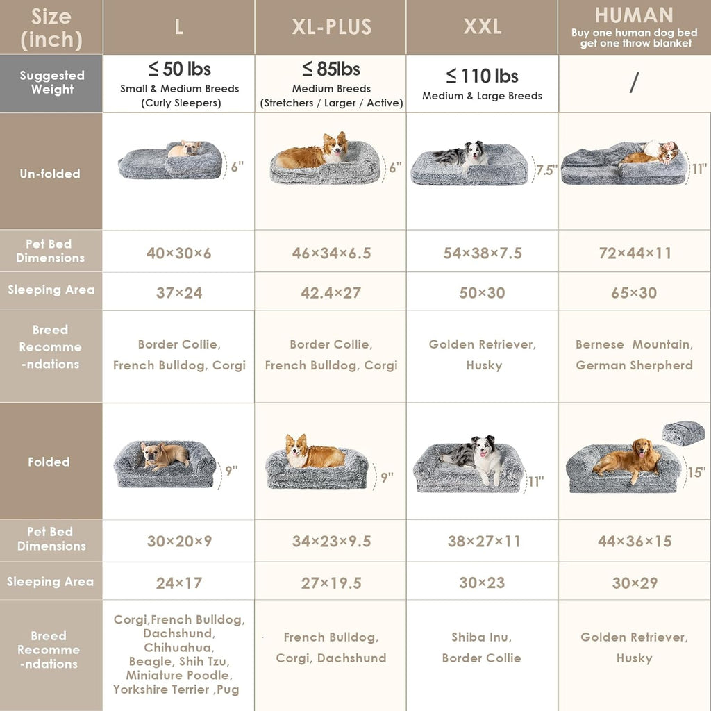 EHEYCIGA Foldable Human Dog Bed, Orthopedic Memory Foam Human Sized Dog Bed, Waterproof Pet Bed for People, Faux Fur Pet Couch for Adult, Grey, 72"x44"x11"