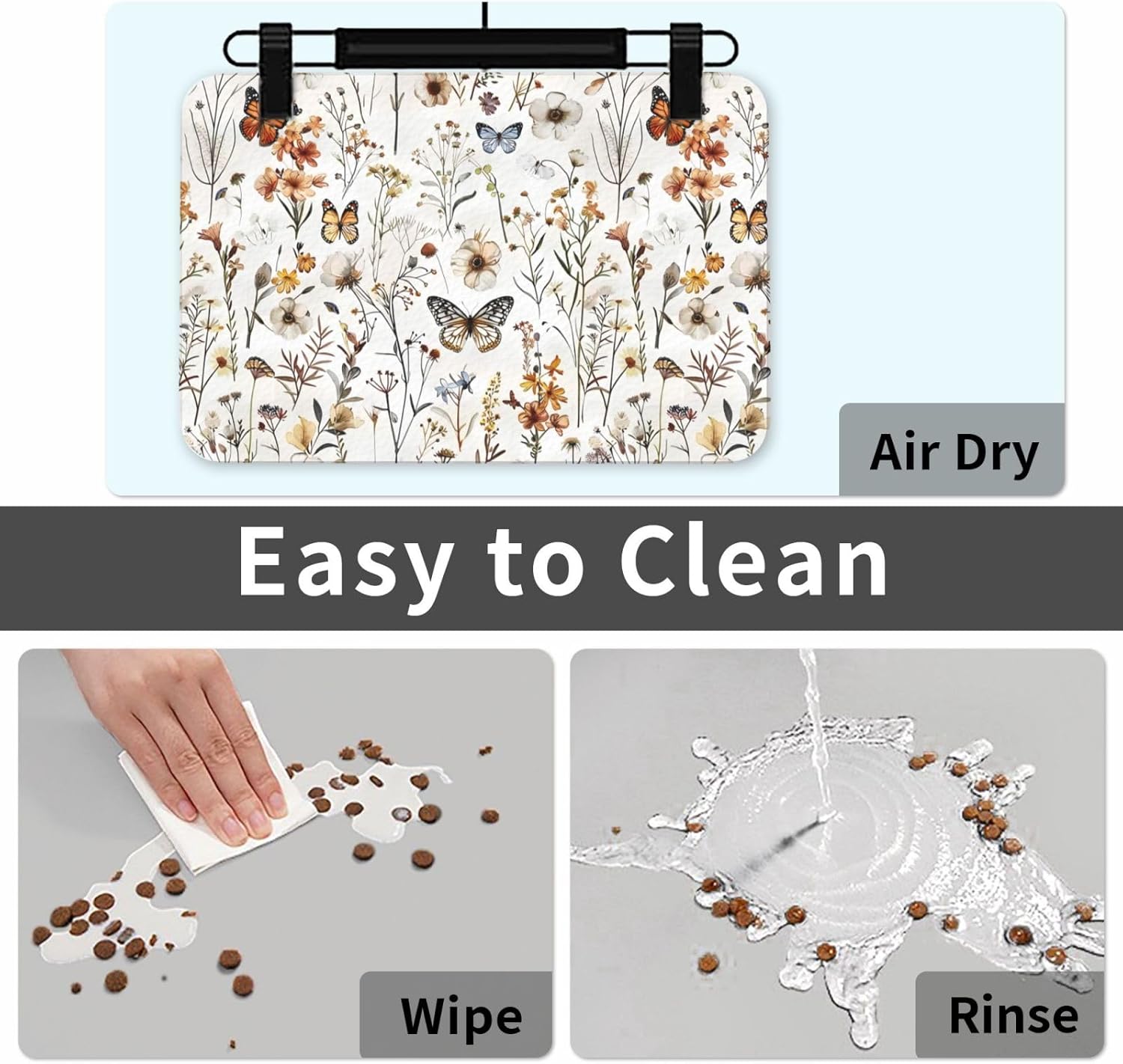 Wildflower Butterfly Dog Food Mat Absorbent Bowl Mats No Stains Quick Dry Waterproof Pet Cat Placemats for Food and Water, 30x45cm