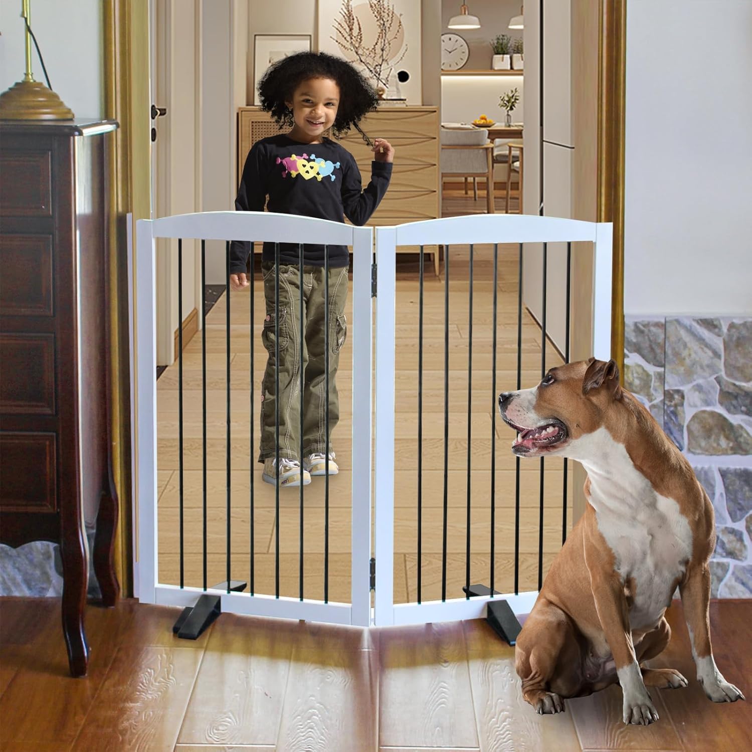 ZJSF Freestanding Panel Dog Gate for Indoor, Doorways,Stairs, or Hallways,Foldable Wooden White Pet Gates for House,Pet Gate for Dogs,Dog Fence, Puppy Gate,Support Feet Included, 32 "Height-2 Panels