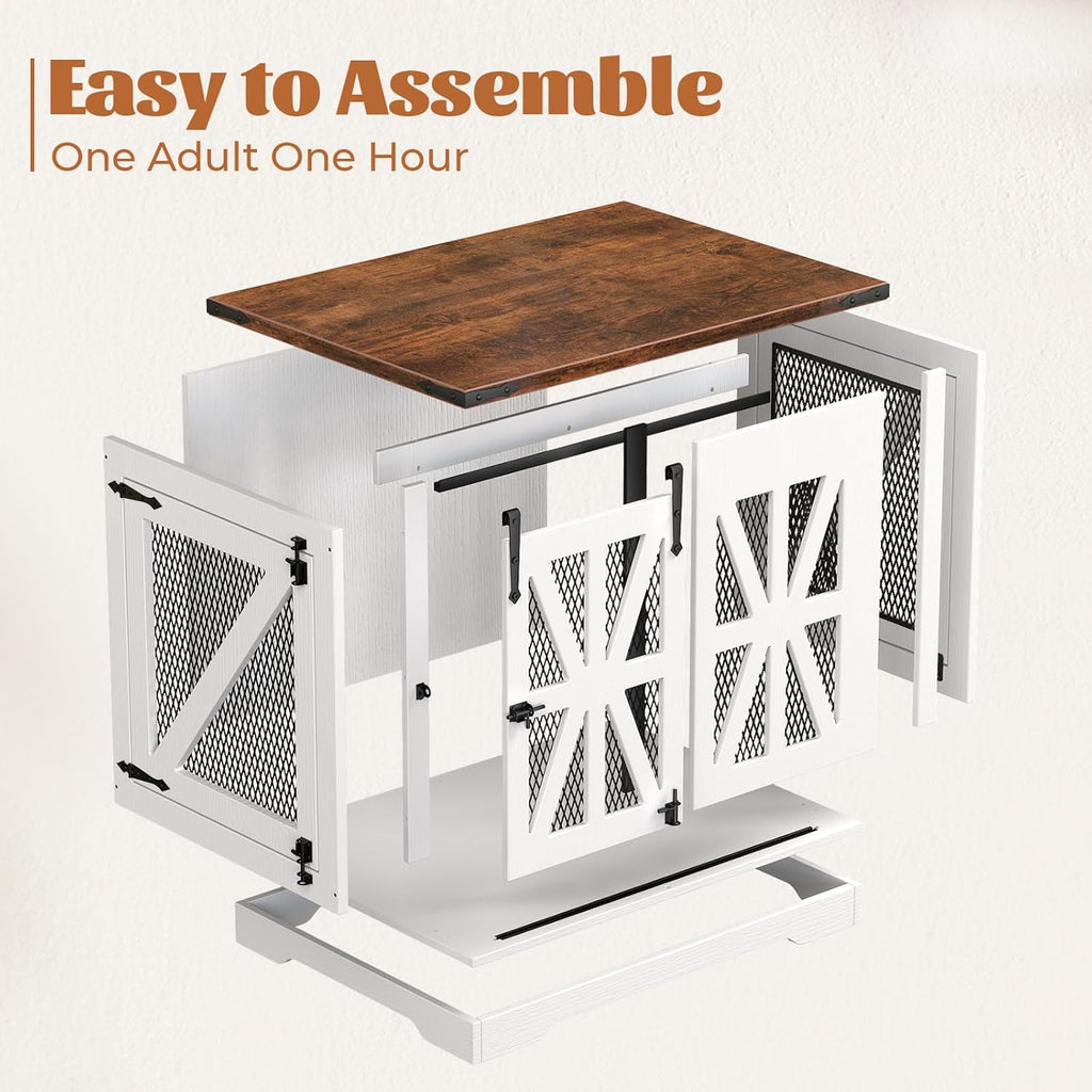 VOPEAK 27.5" Small Dog Crate Furniture, Chew Resistant Dog Crate for Puppy Dogs, Heavy Duty Small Dog Crate Dog Kennel Indoor with Double Doors, Wooden End Table for Bedroom Living Room, White