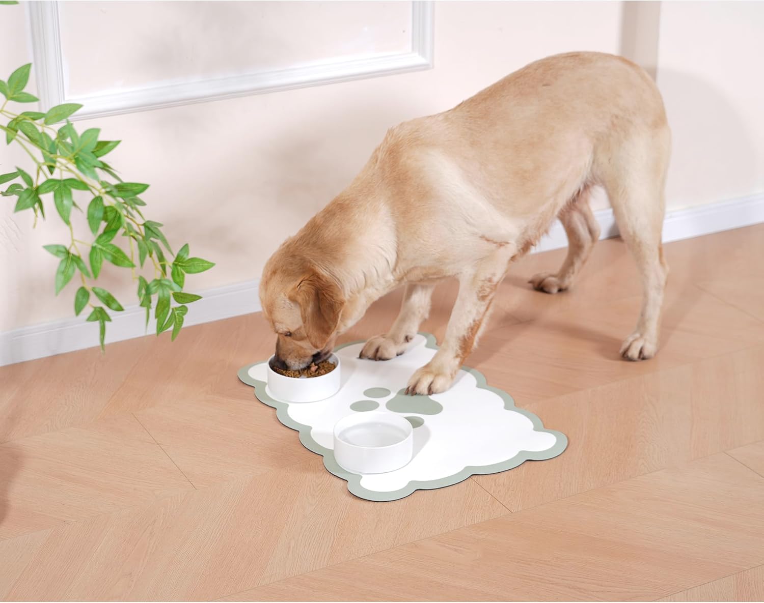 Ralxion Scalloped Dog Feeding Mat, Absorbent Mats for Dog Food and Water Bowl, Dispenser, Cute Elegant Aesthetic Preppy Sage Green Scallop Pet Placemat for Dogs, Cats, Puppy Accessories, 14" X 19”