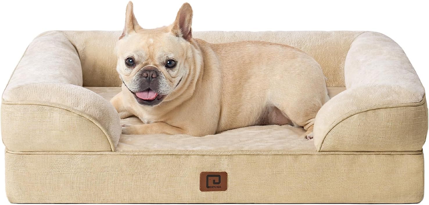 EHEYCIGA Orthopedic Dog Bed for Medium Dogs, Waterproof Memory Foam Medium Dog Beds with Sides, Non-Slip Bottom and Egg-Crate Foam Pet Couch Bed with Washable Removable Cover, Greige