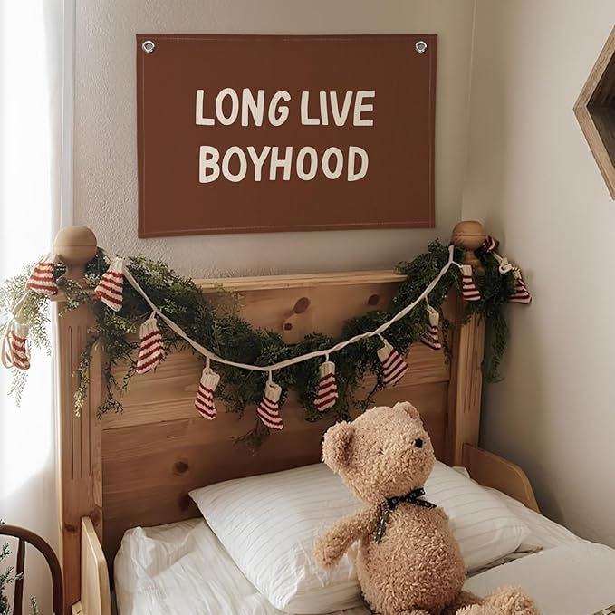 Lacama Long Live Boyhood Banner, Vintage Linen Wall Hanging Flag for Nursery Playroom, Toddler Boys Room Decor, 30x20 Inch