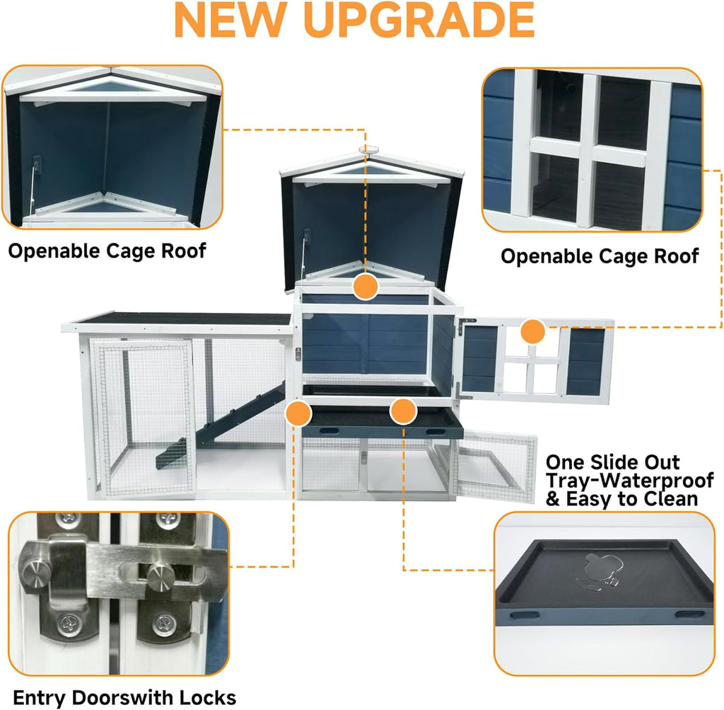 GARWOOD Large Outdoor Indoor Rabbit Hutch Wooden Bunny Rabbit Cage 2-Story with Run No-Leak Pull-Out Tray Waterproof Asphalt Roof Ramp for Guinea Pig Small Animal Wood Pet House Home Blue White