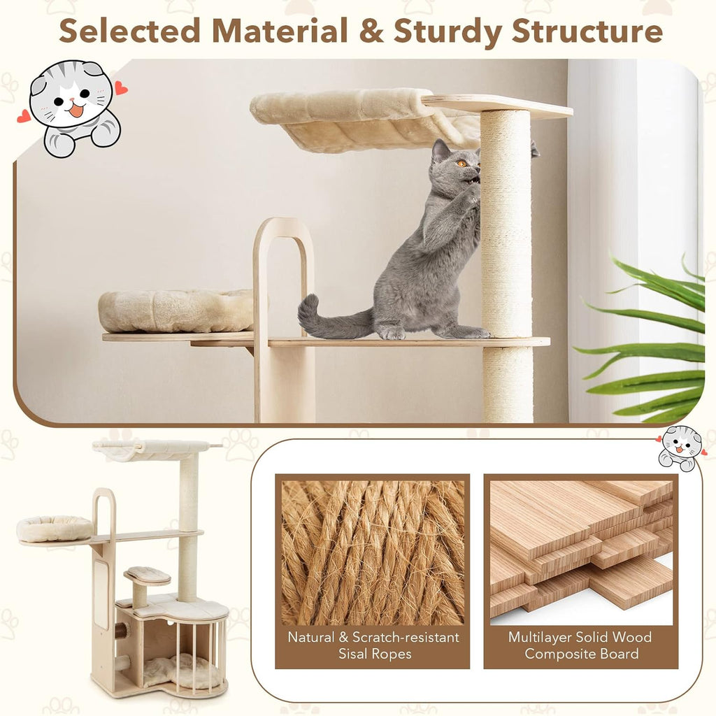 Tangkula Wood Cat Tree for Indoor Cats, 55 Inch Multi-Level Cat Tower Activity Center with Hammock, Cat Condo, Sisal Scratching Posts & Washable Cushions, Modern Cat Tree Houses for Large Cats