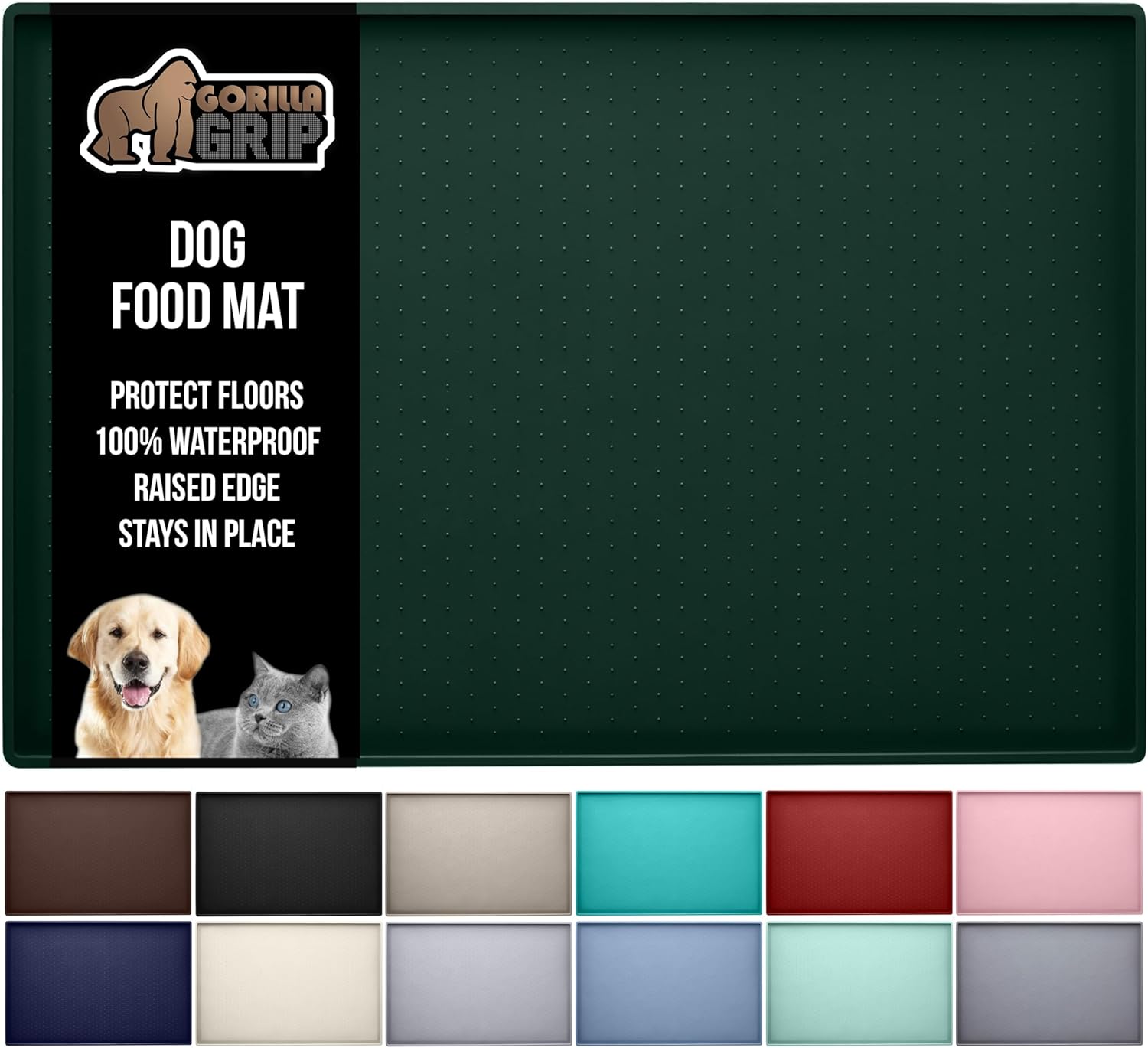 GORILLA GRIP 100% Waterproof Raised Edge BPA Free Silicone Pet Feeding Mat, Dog Cat Food Mats Contain Spills Protects Floors, Placemats for Cats and Dogs Water Bowl, Pets Accessories 28x18 Green