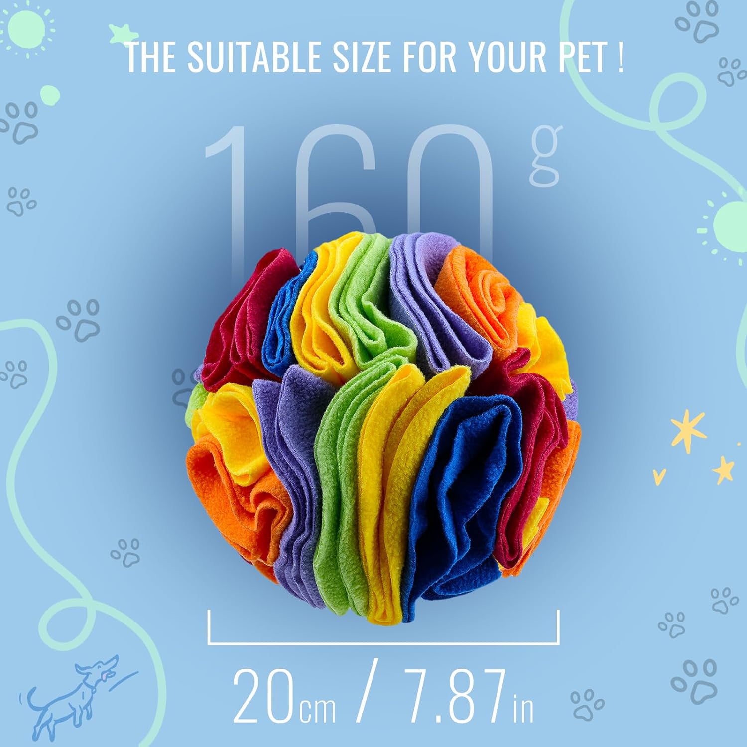 Pet Snuffle Ball, Puzzle Sniffing Interactive Dog Ball for Blind Dogs Training Stress Relief Dog Enrichment Toys Treat Machine Washable (20cm, Rainbow Color)
