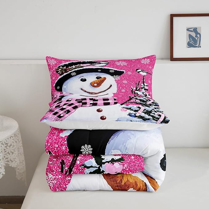 Feelyou Kids Christmas Theme Decorations Bedding Set Xmas Snowman Comforter Set for Boys Girls Snowflake Kawaii Cute Hot Red Bedroom Collection Queen Size