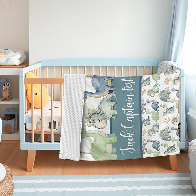 Personalized Baby Name Blanket for Boy Girl, Soft Flannel Blanket with Double Layer Dotted Backing for Newborn, Nursery Crib with Green Dinosaur Design, Baby Blanket Customized Gifts(30”x40)