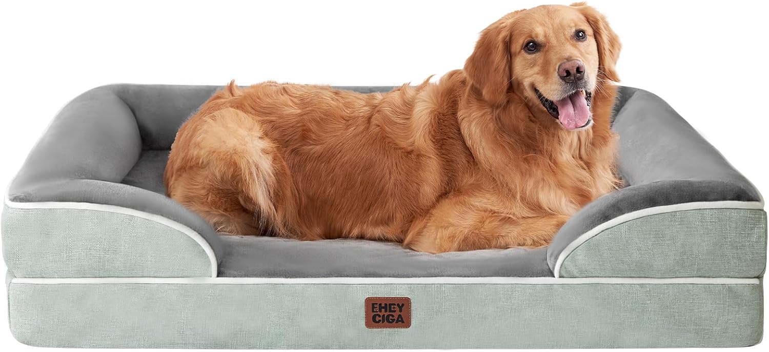 EHEYCIGA Orthopedic Dog Beds for Large Dogs, Waterproof Memory Foam Large Pet Bed with Sides, Non-Slip Bottom and Egg-Crate Foam Dog Couch Bed with Washable Removable Cover, Greyish Green