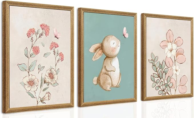 arfitest Nursery Wall Art Cute Bunny Botanical Flowers Wall Decor Pink Green Nursery Pictures Posters Girl Bedroom Canvas Prints gifts for Baby Boys and Girls Playroom paintings 12x16inch