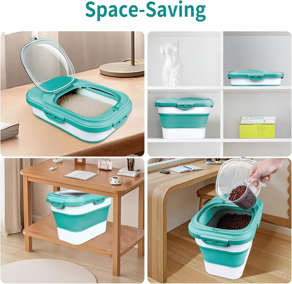 Rice Storage Container, Collapsible Airtight Food Storage Containers 6-20 Lbs, Rice Dispenser with Measuring Cup and Small Bin for Flour Cereal Pasta Grain, Cat Pet Dog Bird Food Container
