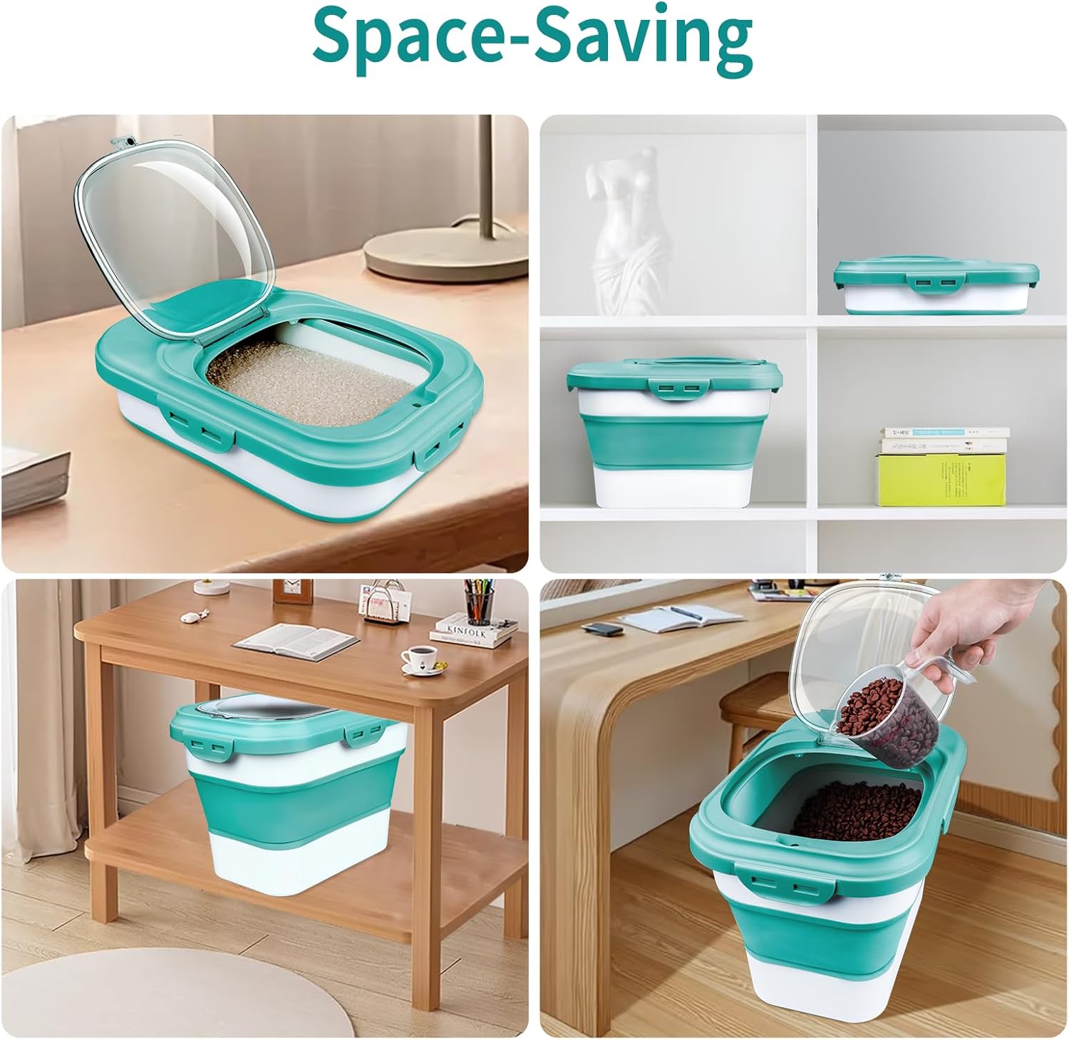 Rice Storage Container, Collapsible Airtight Food Storage Containers 6-20 Lbs, Rice Dispenser with Measuring Cup and Small Bin for Flour Cereal Pasta Grain, Cat Pet Dog Bird Food Container
