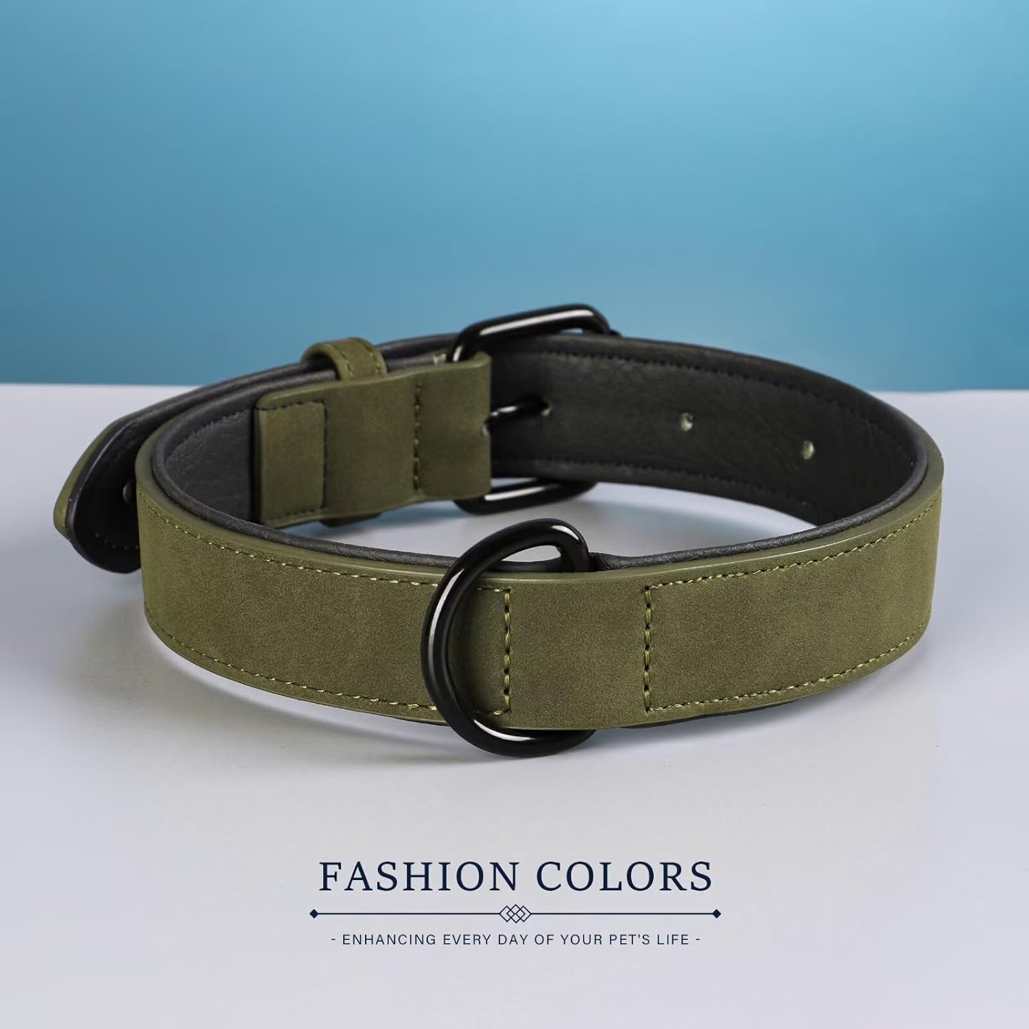 Didog Soft Padded PU Leather Dog Collar, Breathable and Adjustable Dog Collars for Medium Dogs, Comfortable for Daily Walk, Dark Green, L Fit Neck 13-17"(22-44 lbs)